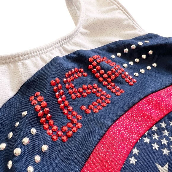 DANSKIN Freestyle Kids Leotard Silver Stars White Navy Bedazzled Sz 4/5 - Picture 3 of 7